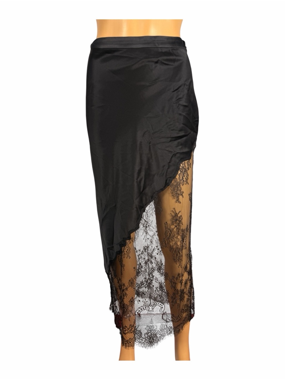 Fleur du Mal Black Asymmetrical Lace-Trim Midi Skirt